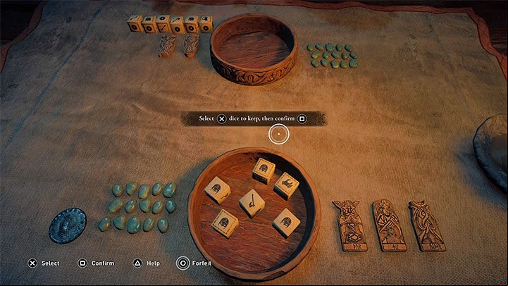 In Orlog, two players who are throwing dices in turns are facing each other - Assassins Creed Valhalla: Orlog - how to win the dice game? - Basics - Assassins Creed Valhalla Guide and Walkthrough
