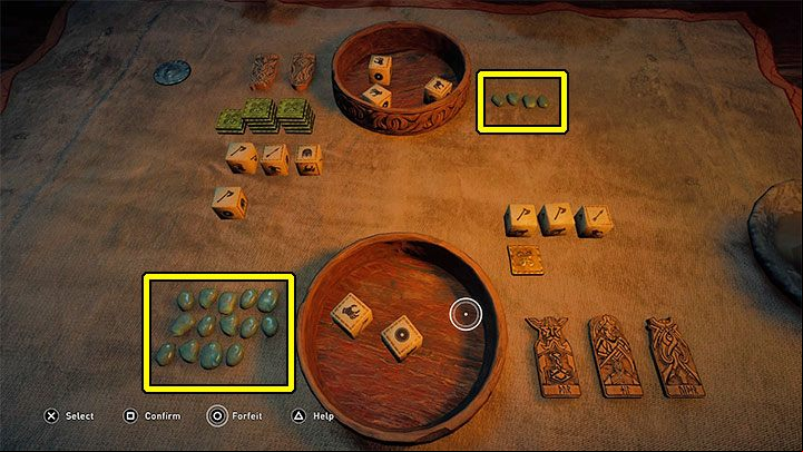 The "Health" of both players is represented by stones - Assassins Creed Valhalla: Orlog - how to win the dice game? - Basics - Assassins Creed Valhalla Guide and Walkthrough