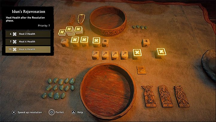In the God Favor phase, you can use the tokens that are still on the table and it's worth ing this, because the sum of the tokens may allow you to trigger a grace in a stronger version - Assassins Creed Valhalla: Orlog - how to win the dice game? - Basics - Assassins Creed Valhalla Guide and Walkthrough