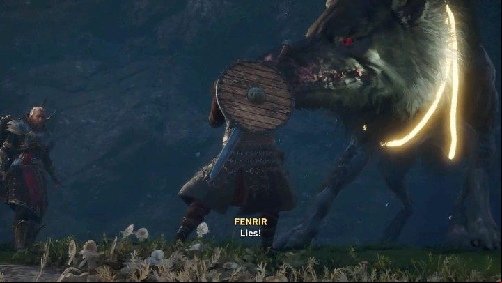 After a brief conversation, Tyr will try to persuade Fenrir to wrap himself with a rope - Assassins Creed Valhalla: Binding Fate - Asgard - Assassins Creed Valhalla Guide and Walkthrough