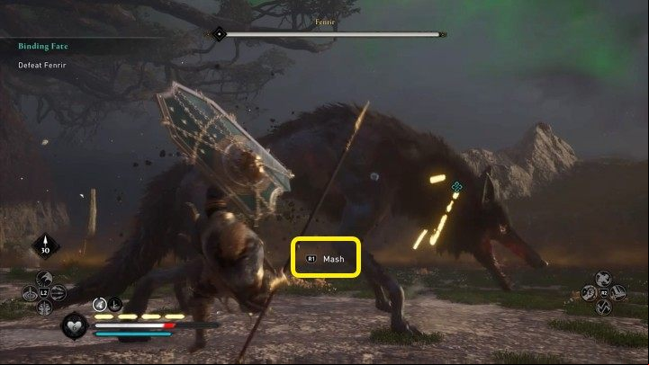 If the wolf hits you with its burrowing attack, it will throw you into the air and then grab you in its mouth and start biting you, dealing significant damage in the process - Assassins Creed Valhalla: Binding Fate - Asgard - Assassins Creed Valhalla Guide and Walkthrough