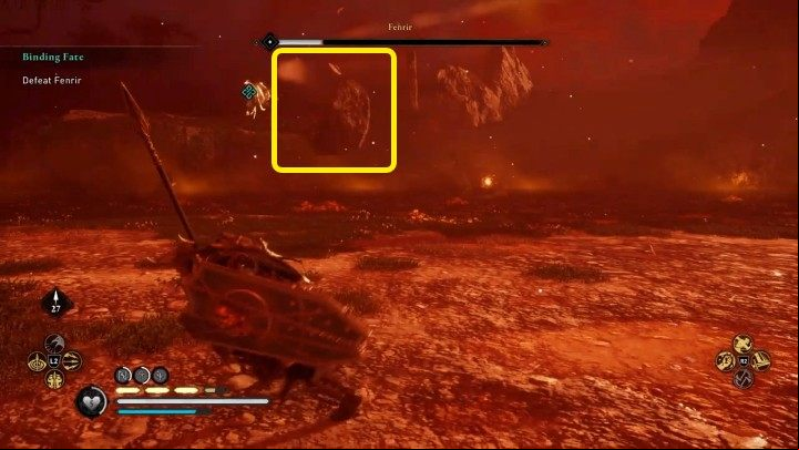 During the third phase of the duel, Fenrir will jump onto a nearby cliff and start hurling boulders in your direction - Assassins Creed Valhalla: Binding Fate - Asgard - Assassins Creed Valhalla Guide and Walkthrough