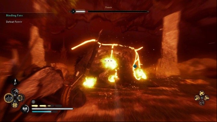 Keep your opponent at a distance and target his weak spots, or hold your position behind his hind legs and attack with a melee weapon, and over time you'll be able to reduce Fenrir's health points to zero - Assassins Creed Valhalla: Binding Fate - Asgard - Assassins Creed Valhalla Guide and Walkthrough