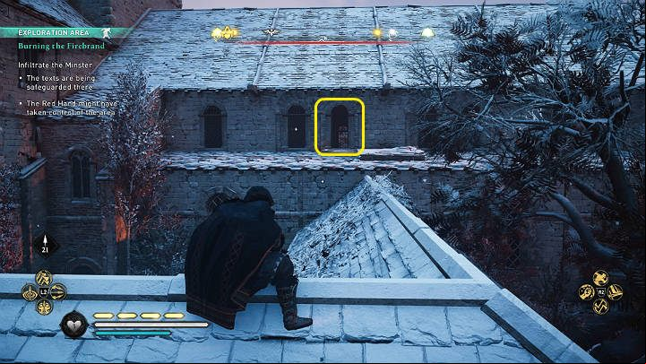 The building is best entered through the roof, through an open window - Assassins Creed Valhalla: Burning the Firebrand - Jorvik - Assassins Creed Valhalla Guide and Walkthrough