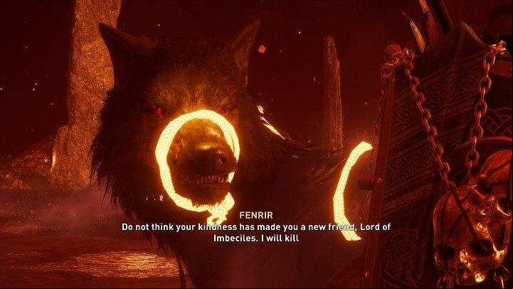 Eivor (Havi) manages to defeat the mighty Fenrir and tie him with Gleipnir, an unbreakable rope - Assassins Creed Valhalla: Asgard Ending - Endings - Assassins Creed Valhalla Guide and Walkthrough
