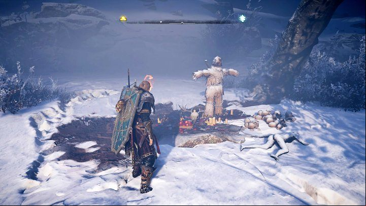 Climb to the top of the mountain where the leaning tree grows, pull out a torch, and set on fire the straw soldier - Assassins Creed Valhalla: The Myth in the Mountains - Snotinghamscire - Assassins Creed Valhalla Guide and Walkthrough