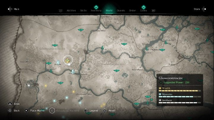 You will find the chest to the east of Glowecestre - Assassins Creed Valhalla: Gear - Glowecestrescire secrets, locations - Glowecestrescire - Assassins Creed Valhalla Guide and Walkthrough