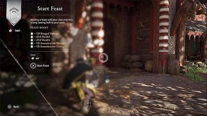 You start a feast by interacting with the bell near the main building of the settlement - Assassins Creed Valhalla: Settlement - functions and upgrades - Basics - Assassins Creed Valhalla Guide and Walkthrough