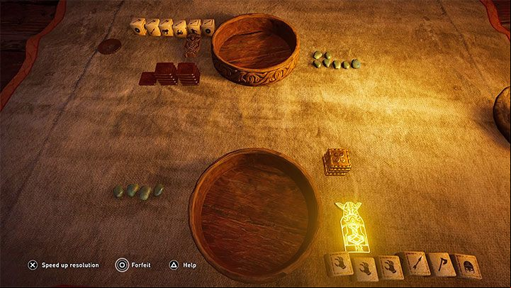 In Orlog, two players who are throwing dices in turns are facing each other - Assassins Creed Valhalla: Side activities - drinking games, Flyting - Basics - Assassins Creed Valhalla Guide and Walkthrough