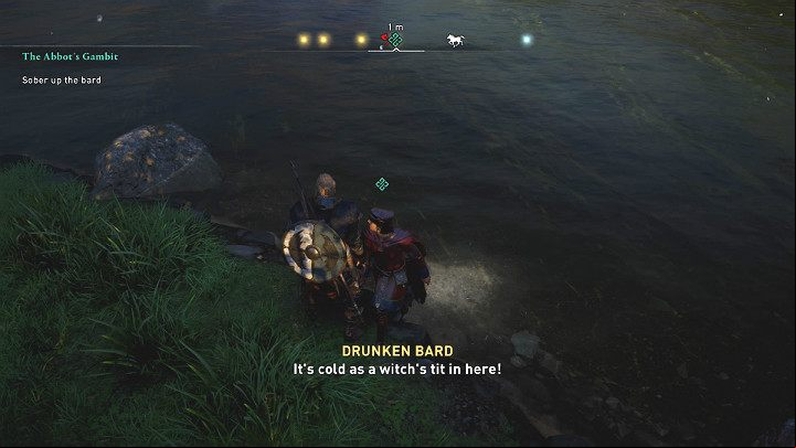 Pick up the man, then immerse him in the river, and he will sober up immediately - Assassins Creed Valhalla: The Abbots Gambit - Cent - Assassins Creed Valhalla Guide and Walkthrough