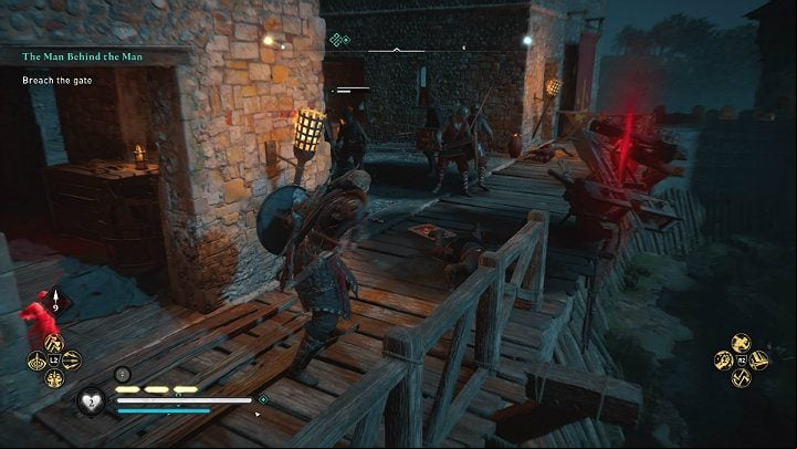 While your warriors move the ram to another blockade, shoot the red jugs standing on the wall above the gate to eliminate a few guards - Assassins Creed Valhalla: The Man Behind the Man - Cent - Assassins Creed Valhalla Guide and Walkthrough