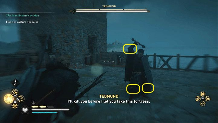 Tedmund fights with a flail and uses a heavy shield to block and parry attacks - Assassins Creed Valhalla: The Man Behind the Man - Cent - Assassins Creed Valhalla Guide and Walkthrough