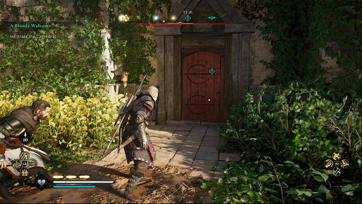 If you want to get inside the cathedral quietly, simply break the red side door together with Basim - Assassins Creed Valhalla: A Bloody Welcome - Cent - Assassins Creed Valhalla Guide and Walkthrough