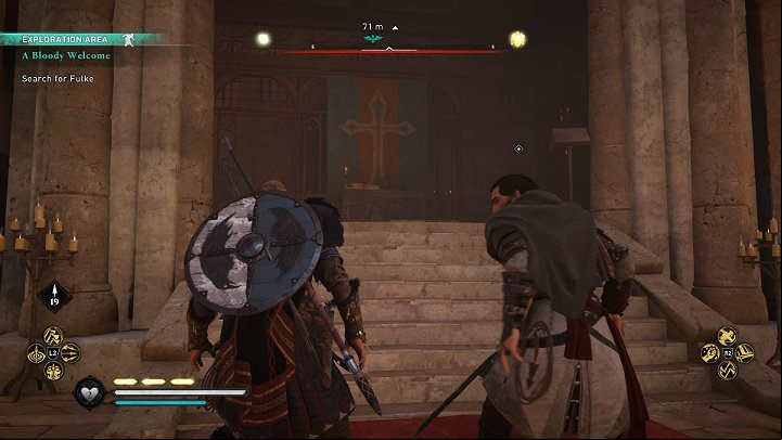 Then enter the recess with the green and red flag with a cross and move forward – you will come down to the crypt - Assassins Creed Valhalla: A Bloody Welcome - Cent - Assassins Creed Valhalla Guide and Walkthrough
