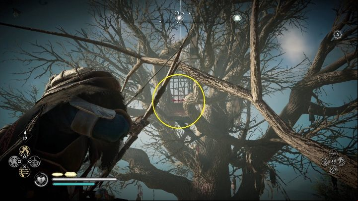 Location of the totem: to get to the totem you have to climb a small tree growing in the area, then point the bow at the cage and hit the cursed object straight - Assassins Creed Valhalla: Cursed Symbols - Essexe secrets, locations - Essexe - Assassins Creed Valhalla Guide and Walkthrough