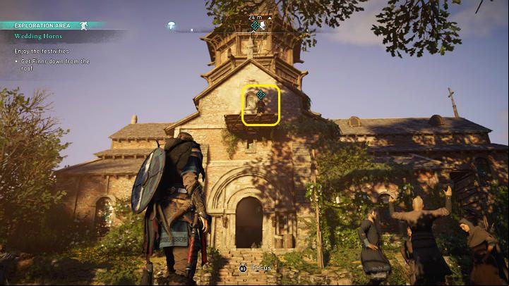 At some point Finnr will climb the roof and you will have to take him down from there - Assassins Creed Valhalla: Wedding Horns - East Anglia - Assassins Creed Valhalla Guide and Walkthrough