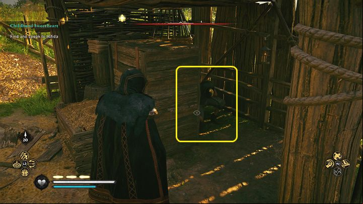 Behind the crates, in a makeshift cell, Eluric, Alfida's brother, is hiding - Assassins Creed Valhalla: Childhood Sweetheart - Essexe - Assassins Creed Valhalla Guide and Walkthrough