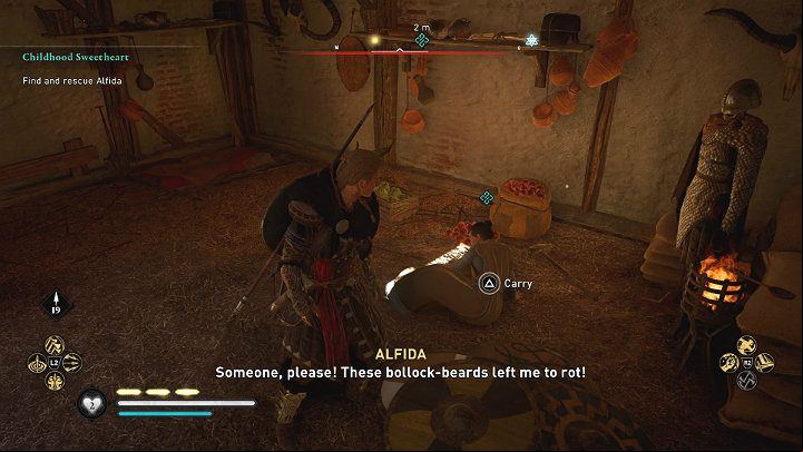 Enter the building and take Alfida on your back (she can't go by herself because she sprained her ankle) and then take her outside the camp - Assassins Creed Valhalla: Childhood Sweetheart - Essexe - Assassins Creed Valhalla Guide and Walkthrough