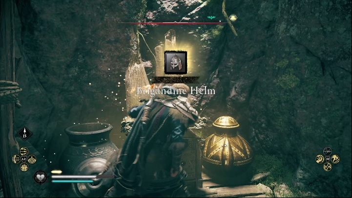 Then, move the boulder that blocks the age further, break through the gap and reach the very end of the cave to get the chest - Assassins Creed Valhalla: Gear - Sciropescire secrets, locations - Sciropescire - Assassins Creed Valhalla Guide and Walkthrough