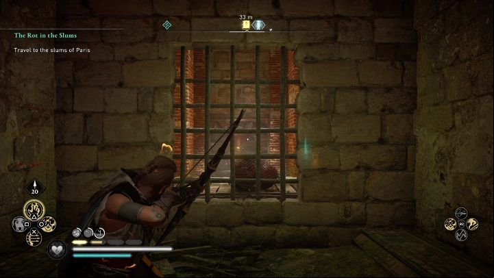 Once you are standing on stable ground, you will see bars behind which is a age covered in debris - AC Valhalla Siege of Paris: Books of Knowledge (abilities), Melunois - secrets - Melunois - Assassins Creed Valhalla Guide and Walkthrough
