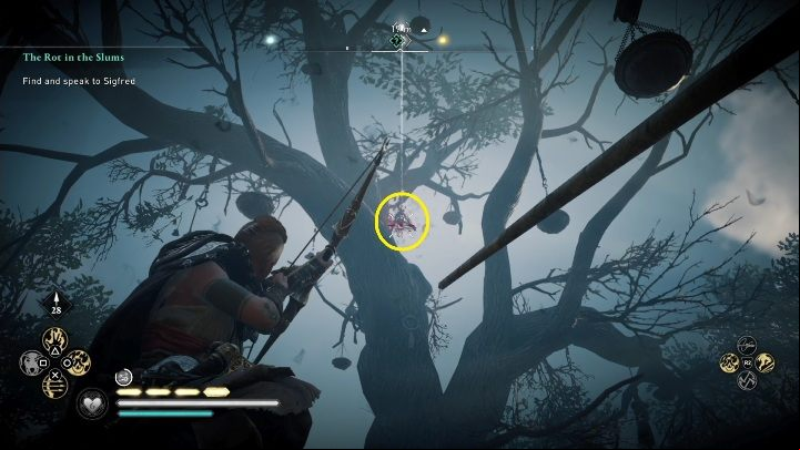 Location of the totem: the totem is hanging on the tree, just shoot it down with your bow - AC Valhalla Siege of Paris: Cursed Symbol, Evresin - secrets, locations - Evresin - Assassins Creed Valhalla Guide and Walkthrough