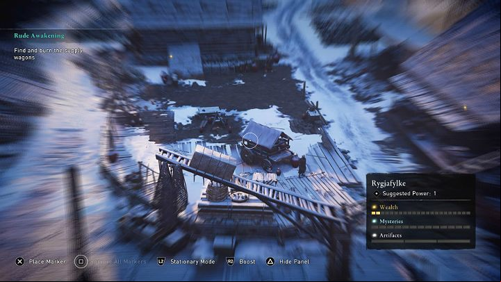 Your main goal is to locate and burn several supply carts – they are located on both sides of the village and also at the very end, near the entrance to the cave - Assassins Creed Valhalla: Rude Awakening - Rygjafylke - Assassins Creed Valhalla Guide and Walkthrough