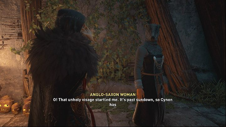 Go outside and talk to the woman in the mask and you'll find out that it's late so Cynon went to church to pray - Assassins Creed Valhalla: A Love Betrayed - Glowecestrescire - Assassins Creed Valhalla Guide and Walkthrough