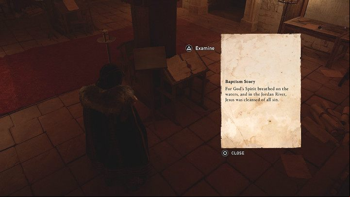 The first valuable information, the Baptism Story, can be found on a wooden desktop on the right side of the monk - Assassins Creed Valhalla: The Reeve of Wincestre - Wincestre - Assassins Creed Valhalla Guide and Walkthrough