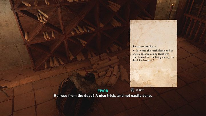 The second piece of information, the Resurrection Story, can be found in the room where numerous scrolls are stored - Assassins Creed Valhalla: The Reeve of Wincestre - Wincestre - Assassins Creed Valhalla Guide and Walkthrough