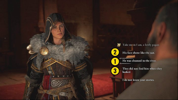 After gathering all the information, return to Sigebeald and pronounce all the acts of Christ in the right order: baptism, revelation, resurrection - Assassins Creed Valhalla: The Reeve of Wincestre - Wincestre - Assassins Creed Valhalla Guide and Walkthrough