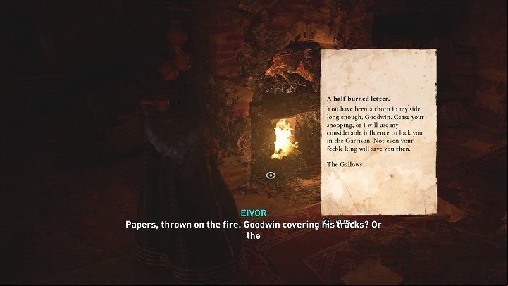 The first clue can be found in the fireplace - burnt documents that may indicate that Goodwin wanted to cover his traces or that the guards wanted to destroy the evidence - Assassins Creed Valhalla: The Reeve of Wincestre - Wincestre - Assassins Creed Valhalla Guide and Walkthrough