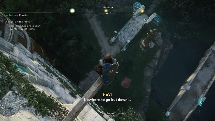 When the cat leads you to a vantage point, jump down and land in the haystack to get the ingredient you need - Assassins Creed Valhalla: A Felines Foothall - Asgard - Assassins Creed Valhalla Guide and Walkthrough
