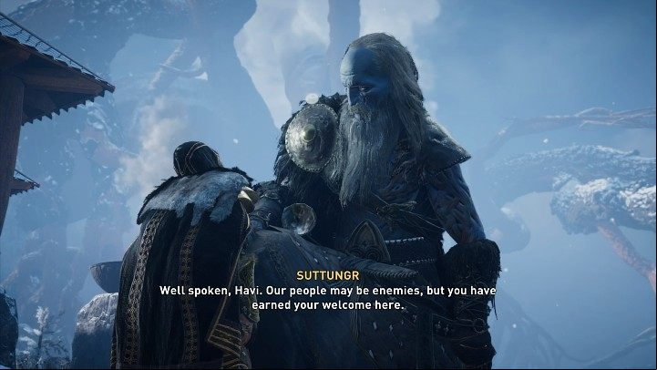 When you hand over to Suttungrow his cauldron, Jotun will change his attitude and start treating Eivor (Havi) respectfully - Assassins Creed Valhalla: A Feast to - Jotunheim - Assassins Creed Valhalla Guide and Walkthrough