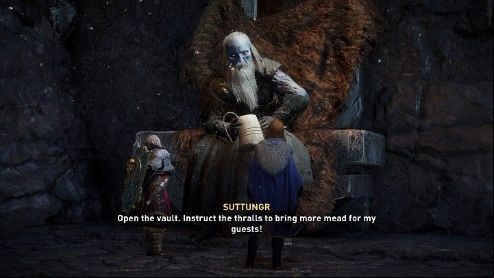 Once the cauldron is empty, Suttungr will instruct Gunlodr to open the vault and allow the servants to bring more mead for the guests - Assassins Creed Valhalla: A Feast to - Jotunheim - Assassins Creed Valhalla Guide and Walkthrough
