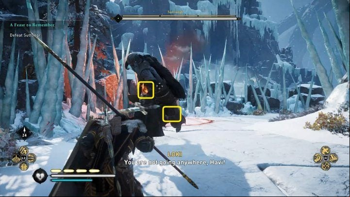 Suttungr is a formidable opponent with three weaknesses: his left knee, right elbow, and abdomen - Assassins Creed Valhalla: A Feast to - Jotunheim - Assassins Creed Valhalla Guide and Walkthrough