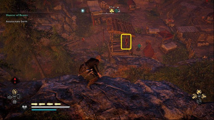 Then take the right side to go around the encampment and lurk in the spot shown in the image above - Assassins Creed Valhalla: Hunter of Beasts - Vinland - Assassins Creed Valhalla Guide and Walkthrough