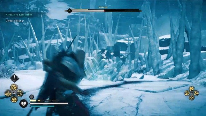 When the enemy's health drops below 50%, the boss will snatch one of the icicles and turn it into an axe with very long attack range - Assassins Creed Valhalla: Suttungr boss fight - how to win? - Bosses - Assassins Creed Valhalla Guide and Walkthrough