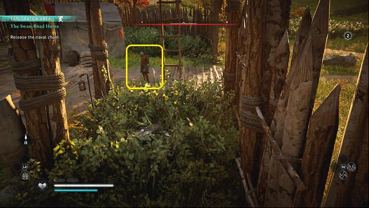 Stay in the bushes and approach the main entrance to the camp - Assassins Creed Valhalla: The Swan-Road Home - Ledecestrescire - Assassins Creed Valhalla Guide and Walkthrough