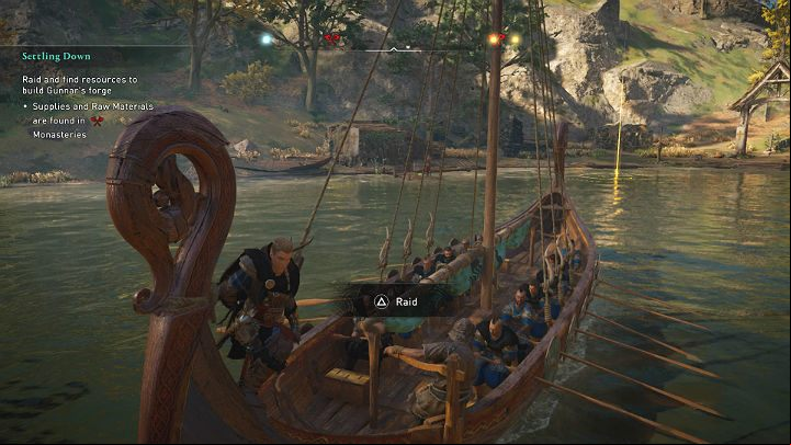 When you reach the shore, position yourself with the bow of the boat towards the yellow marker and start the raid - Assassins Creed Valhalla: Settling Down - Ledecestrescire - Assassins Creed Valhalla Guide and Walkthrough