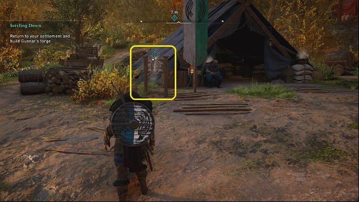 After returning to Ravensthorpe, approach the wooden board at Gunnar's booth and interact with it - Assassins Creed Valhalla: Settling Down - Ledecestrescire - Assassins Creed Valhalla Guide and Walkthrough