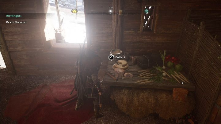 The map is located in a wooden cottage, on a table with many vegetables - Assassins Creed Valhalla: Treasure map - Rygjafylke secrets, locations - Rygjafylke - Assassins Creed Valhalla Guide and Walkthrough