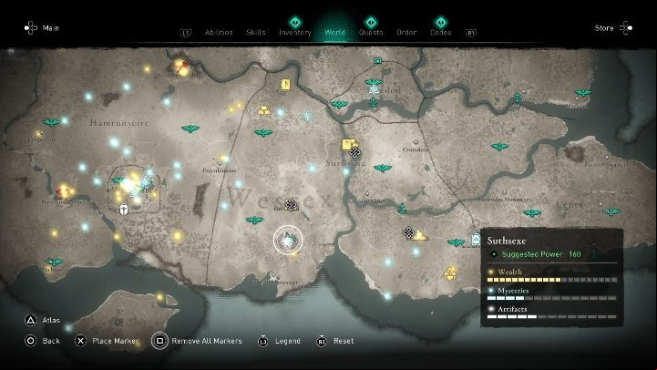 The location of the cursed place: in the southern part of the region - Assassins Creed Valhalla: Cursed Symbol - Suthsexe secrets, locations - Suthsexe - Assassins Creed Valhalla Guide and Walkthrough