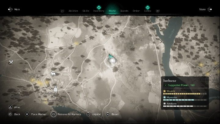 The location of the cursed place: east of Guildford - Assassins Creed Valhalla: Cursed Symbol - Suthsexe secrets, locations - Suthsexe - Assassins Creed Valhalla Guide and Walkthrough