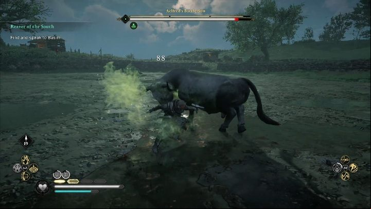 All bulls behave in the same way - they kick, attack with their horns, and try to rush you when you stand in their way - Assassins Creed Valhalla: Legendary Animal - Suthsexe secrets, locations - Suthsexe - Assassins Creed Valhalla Guide and Walkthrough