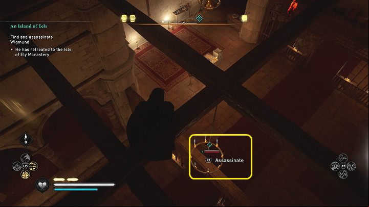 Wigmund does not remain in one place but walks around the interior of the building - Assassins Creed Valhalla An Island of Eels - Grantebridgescire - Assassins Creed Valhalla Guide and Walkthrough