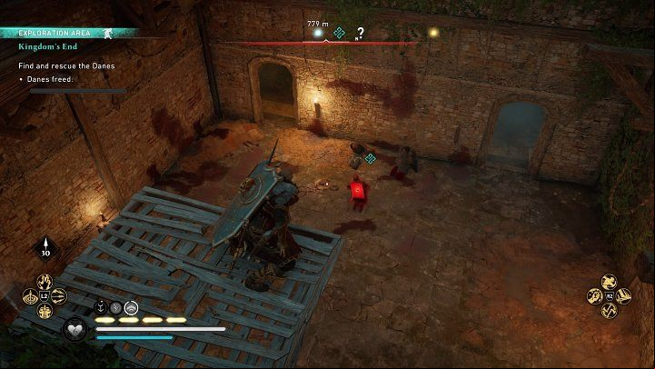Approach the place shown in the picture above, get rid of the guards, and free the hostages - those locked in the cell too - Assassins Creed Valhalla: Kingdoms End - Hamtunscire - Assassins Creed Valhalla Guide and Walkthrough