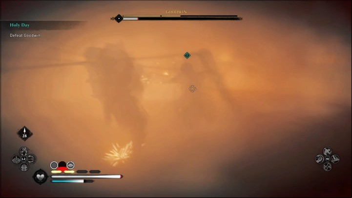 When your enemy's health drops to a low level, he will use the Hellfire skill, which will obscure your visibility slightly, but you may still go on with the fight - Assassins Creed Valhalla: Holy Day - Hamtunscire - Assassins Creed Valhalla Guide and Walkthrough