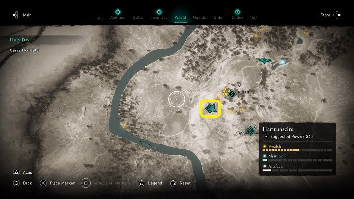 You have to move Hunwald to the hut, which is located in the place marked in the picture above - Assassins Creed Valhalla: Holy Day - Hamtunscire - Assassins Creed Valhalla Guide and Walkthrough