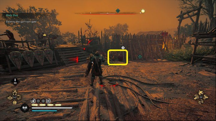 You can get inside through a hole in the palisade (on the left looking towards the gate) or by climbing the nearby rocks - Assassins Creed Valhalla: Holy Day - Hamtunscire - Assassins Creed Valhalla Guide and Walkthrough