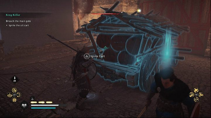 Once the cart is in place, you have to set it on fire detonate the charges - approach the charges and use the action button - Assassins Creed Valhalla: King Killer - Sciropescire - Assassins Creed Valhalla Guide and Walkthrough